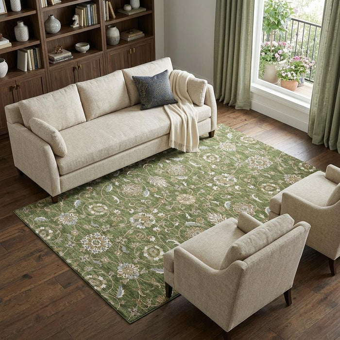 10' X 14' Moroccan Washable Area Rug With UV Protection (686825) - Olive Green / Gray / Beige