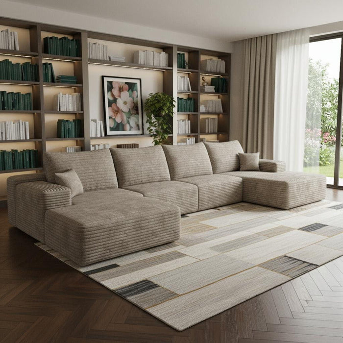 2 Piece Living Room Set Corduroy Modular Compression Foam Sofa With Ottoman Toss Pillows - Camel