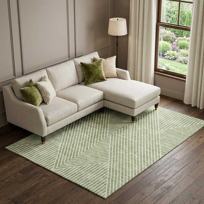 10' X 14' Geometric Washable Area Rug With UV Protection (674622) - Artichoke Green / Ivory