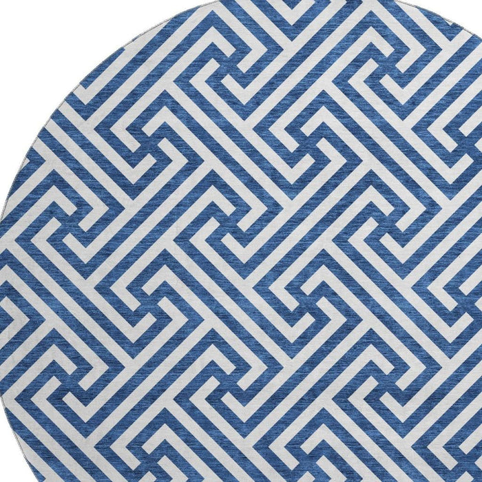 8' Transitional Geometric Washable Round Rug With UV Protection - Blue