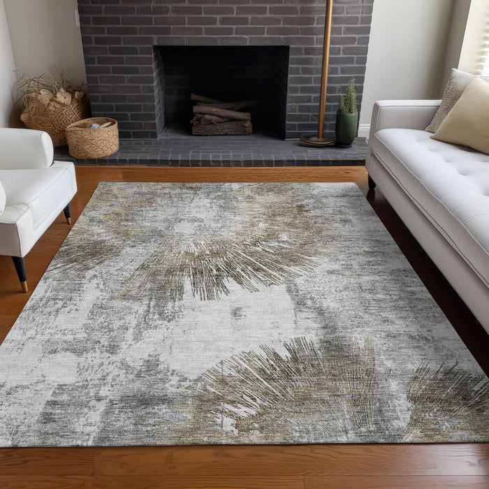 10' X 14' Abstract Washable Area Rug Polyester With UV Protection - Taupe / Gray
