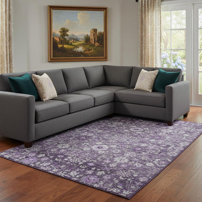 10' X 14' Oriental Washable Area Rug With UV Protection (653791) - Purple / Ivory