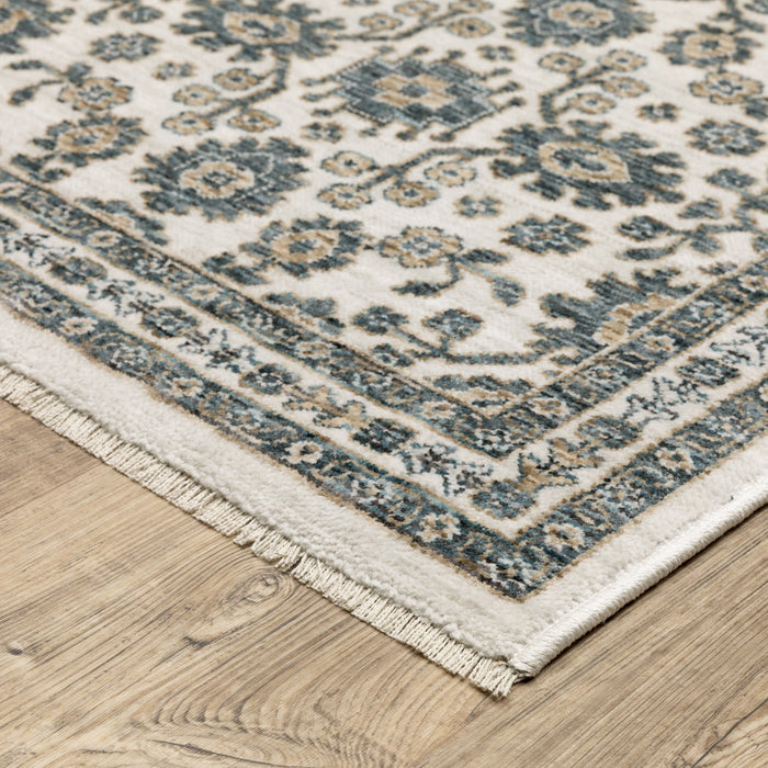 10' X 13' Floral Area Rug With Fringe (575136) - Ivory / Blue