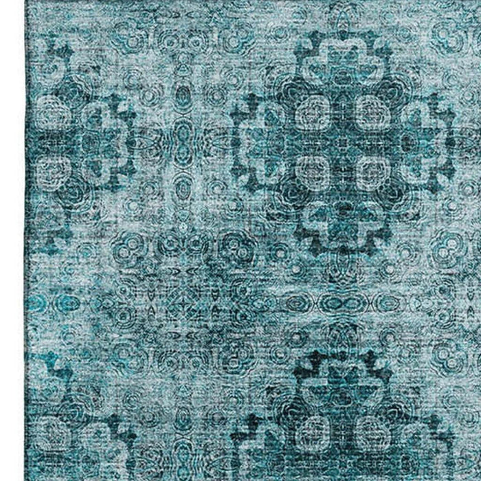10' X 14' Floral Medallion Distressed Washable Area Rug With UV Protection (648958) - Teal / Ivory