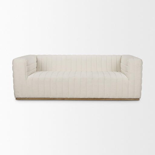 Cream fabric stationary sofa by HomeRoots with plush cushions and a modern design, ideal for living room seating.