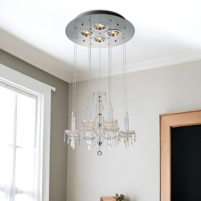 HomeRoots four-light metal and glass chandelier with nickel finish and clear glass shades, designed for ceiling lighting.