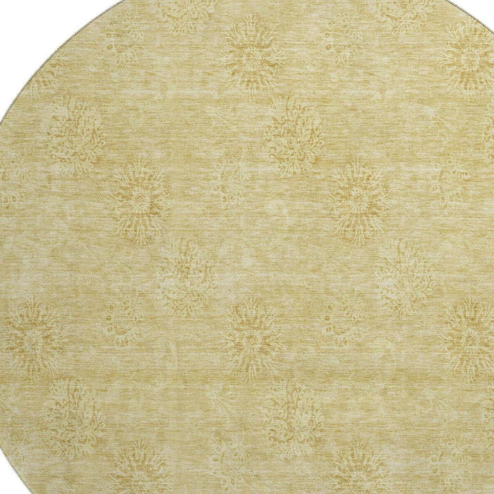 8' Floral Washable Round Rug With UV Protection - Gold And Ivory
