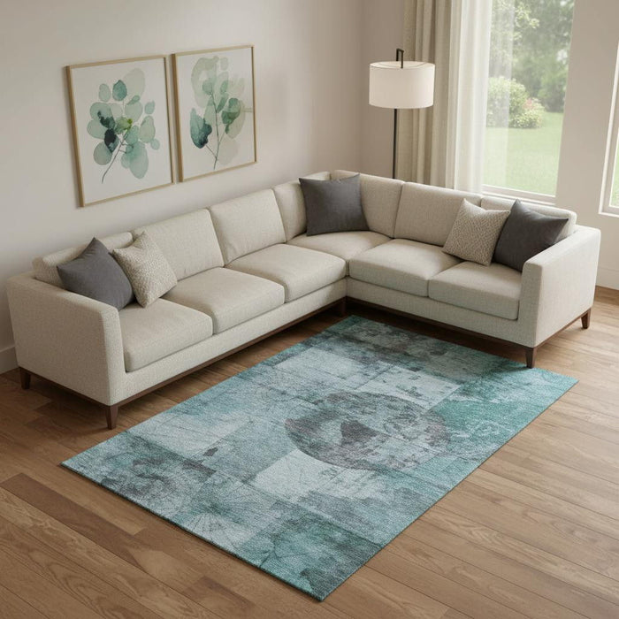 10' X 14' Geometric Washable Area Rug With UV Protection (707671) - Teal / Gray