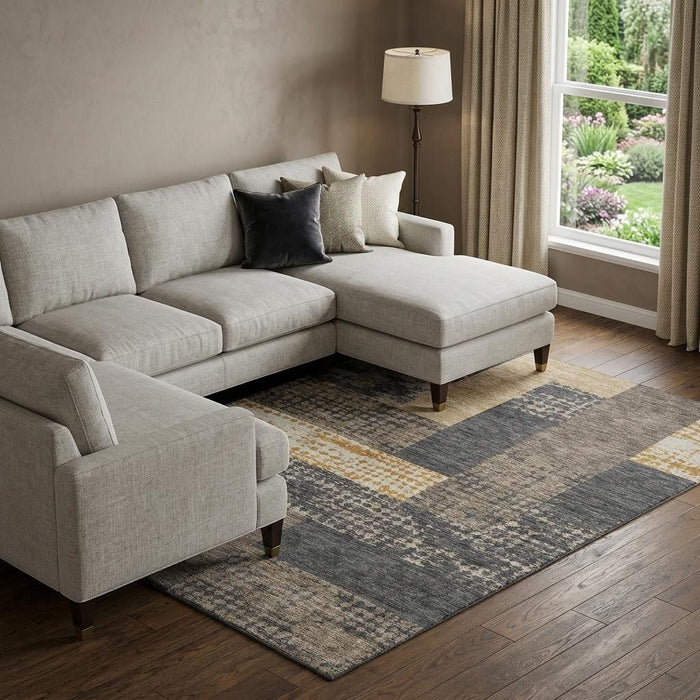 10' X 14' Geometric Washable Area Rug With UV Protection (674928) - Coffee / Gold / Ivory