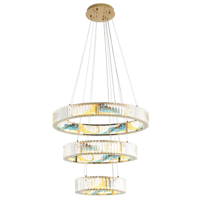 Geometric Three Light Crystal LED Chandelier - Gold / Clear / Blue