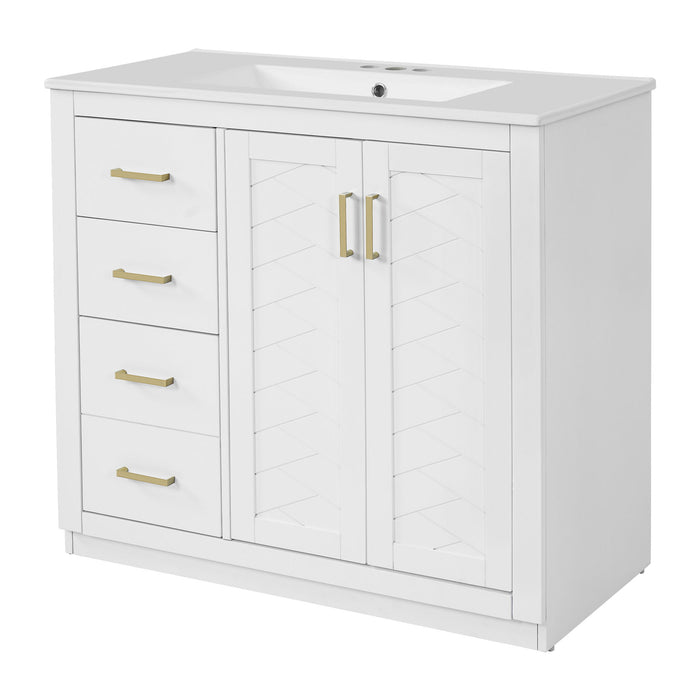 Giga bathroom vanity with sink, storage cabinet, three drawers, and soft-closing doors in a freestanding design