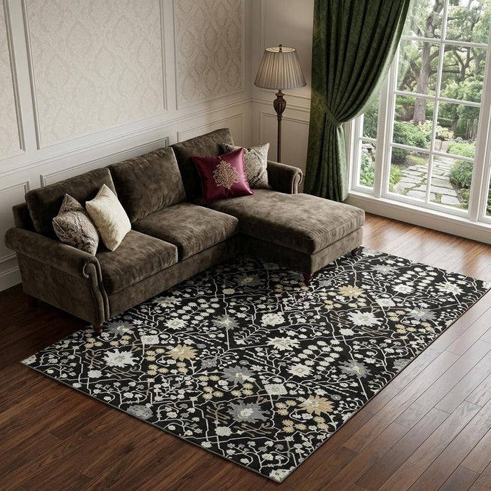 10' X 14' Oriental Washable Area Rug With UV Protection (679186) - Black / Gold / Ivory