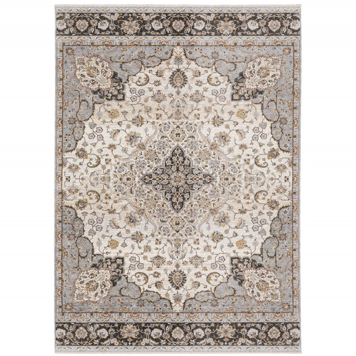 8' x 11' Oriental Power Loom Stain Resistant Area Rug With Fringe - Ivory And Blue