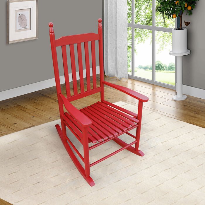 Giga wooden porch rocker chair with curved armrests and slatted backrest, ideal for outdoor relaxation on a porch or patio.