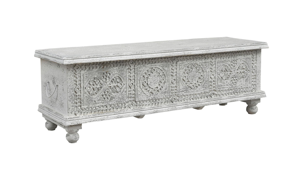 54" Solid Wood Medallion Storage Ottoman - White