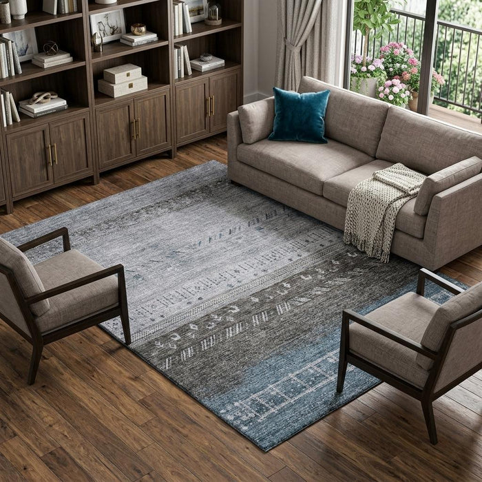 10' X 14' Geometric Washable Area Rug With UV Protection (686777) - Blue / Brown / Silver