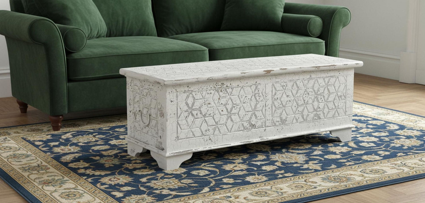 Solid Wood Geometric Storage Ottoman - White / Rustic
