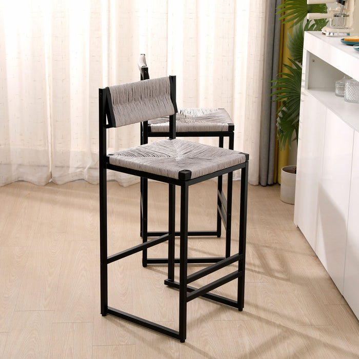 Set of 2 Giga bar stools with paper rope weave seats and back support, ideal for kitchen island, bar, or counter seating.