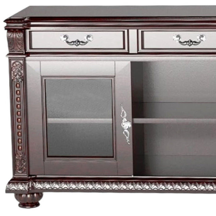 Dark brown HomeRoots wood cabinet TV stand with enclosed storage and open shelving for electronics and media accessories.