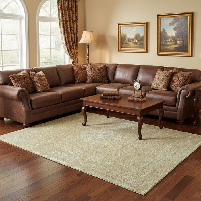 9' X 13' Medallion Washable Area Rug With UV Protection (609934) - Brown / White