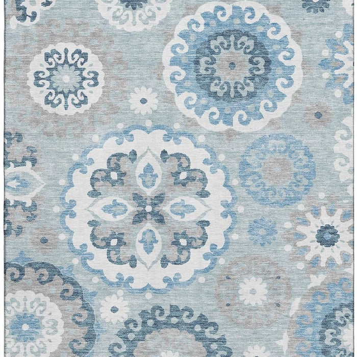 10' X 14' Medallion Washable Area Rug With UV Protection - Sky Blue / Ivory