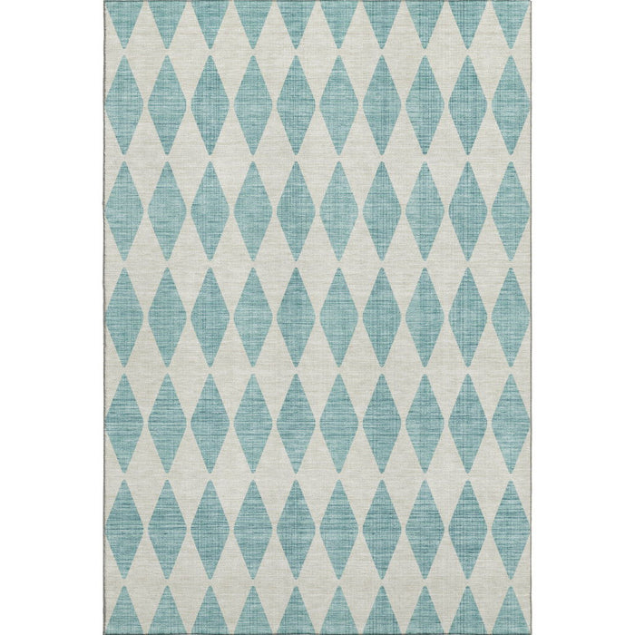10' X 14' Diamond Washable Area Rug With UV Protection (650128) - Teal / Ivory