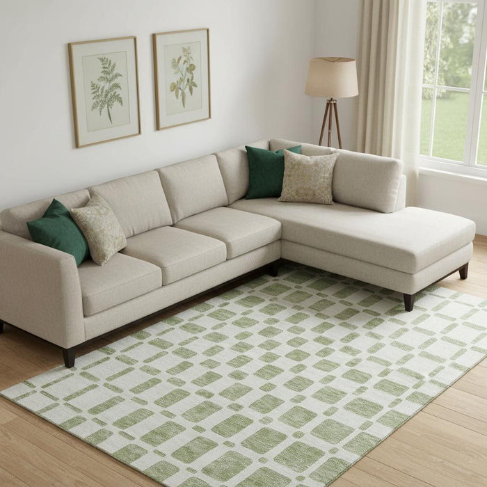 10' X 14' Geometric Washable Area Rug With UV Protection (669252) - Artichoke Green / Ivory