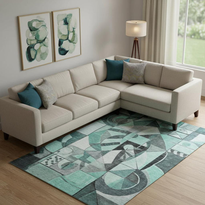 10' X 14' Abstract Washable Area Rug With UV Protection (700427) - Teal / Black / Ivory