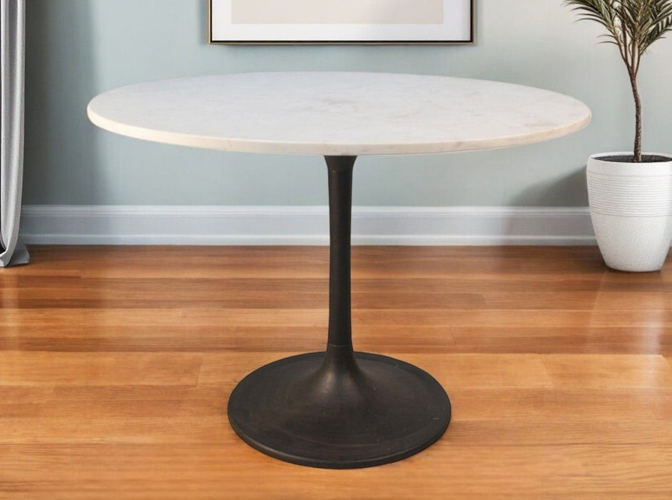 40" Rounded Marble And Iron Pedestal Base Dining Room Table - White