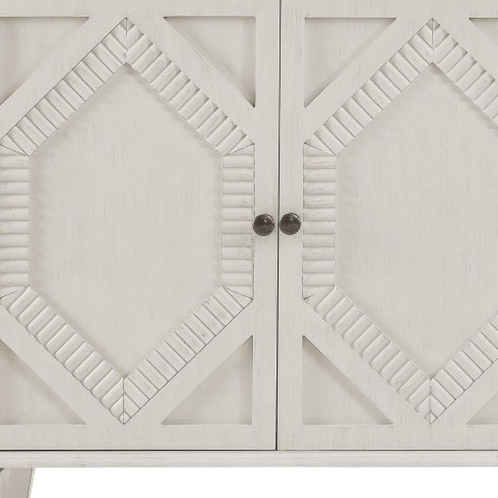 Wood Carved Geometric Accent Cabinet With Four Doors - White