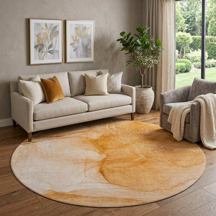8' Abstract Washable Round Rug With UV Protection (646867) - Orange / Ivory