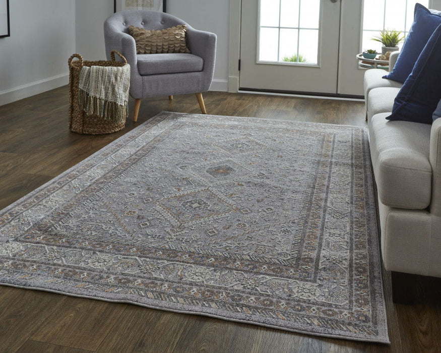 8' x 10' Floral Power Loom Stain Resistant Area Rug - Gray Orange And Ivory