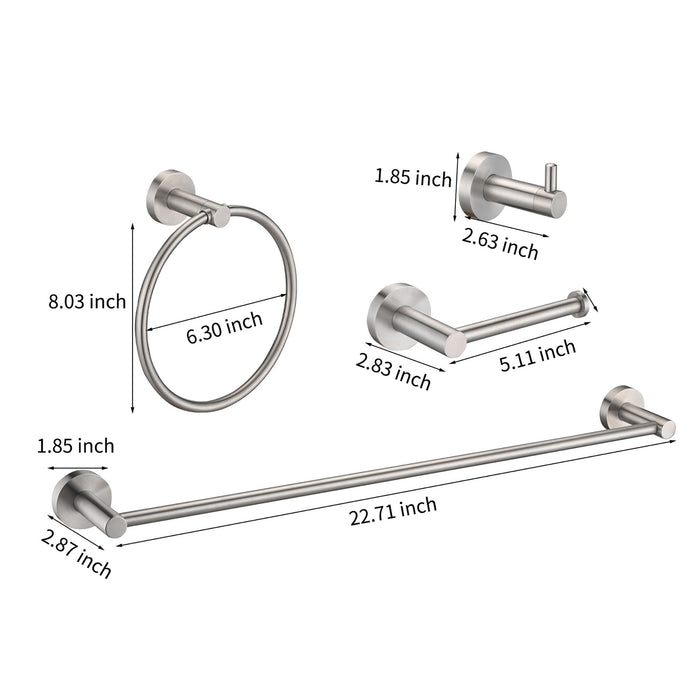 Giga stainless steel bathroom set with brushed nickel finish, includes towel bar, toilet paper holder, rings, and hooks for organization.