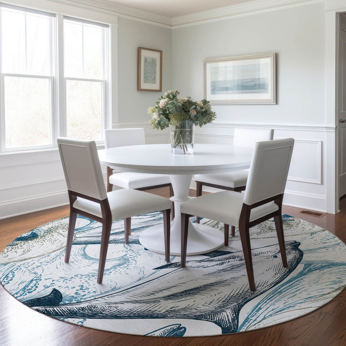 8' Denim Nautical Washable Round Rug With UV Protection - Ivory