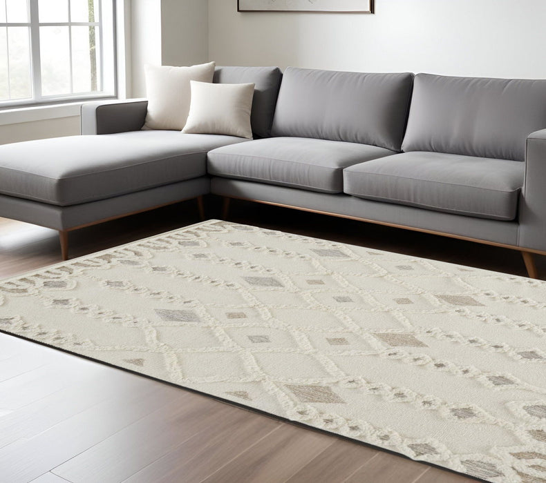 8' x 10' Wool Geometric Tufted Handmade Stain Resistant Area Rug - Ivory Tan And Silver