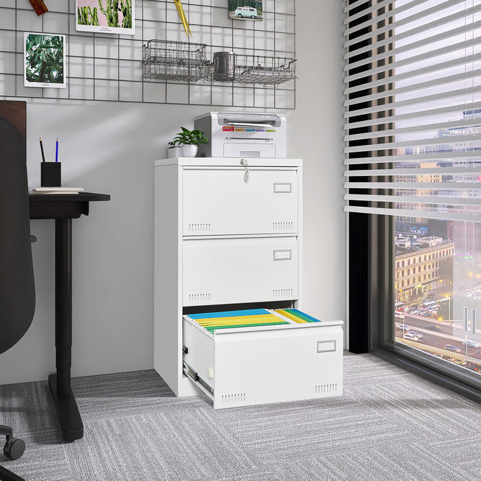 Giga 3-drawer locking lateral metal filing cabinet for office or home, featuring sturdy drawers with key locks and a sleek design.