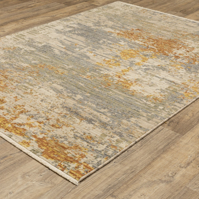 5' X 8' Abstract Area Rug With Fringe - Beige And Gold