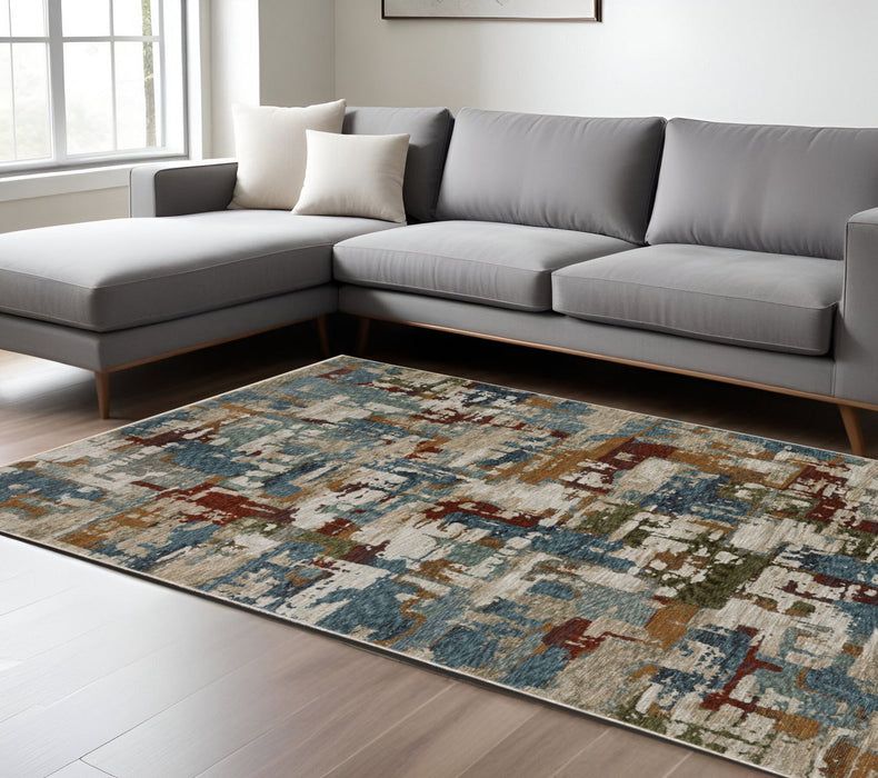 7' X 10' Abstract Distressed Area Rug With Fringe - Beige And Teal