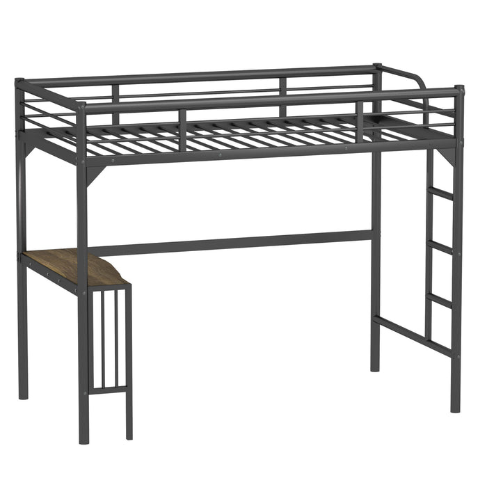 Black Giga twin metal loft bed with built-in desk, ladder, guardrails, and a bookdesk underneath for space-saving sleeping and study area.