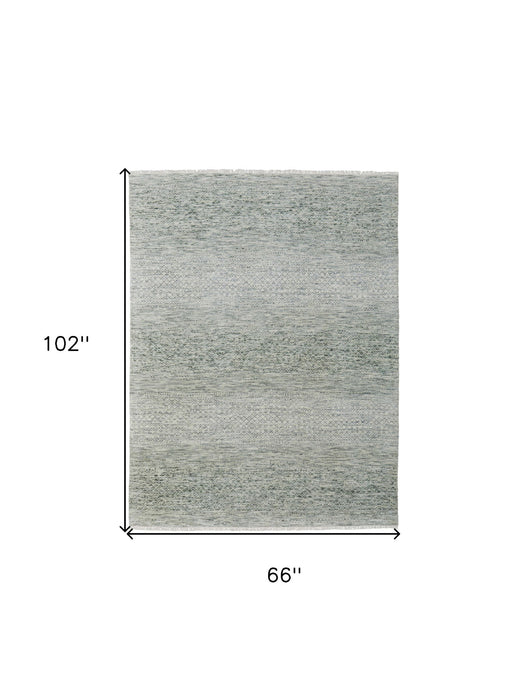 6' x 9' Wool Hand Knotted Area Rug With Fringe - Ivory And Green