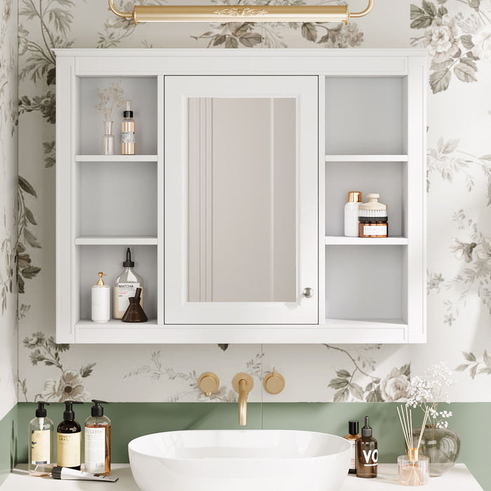Giga wall-mounted medicine cabinet with mirror, featuring 6 open shelves and adjustable interior storage for bathroom organization.