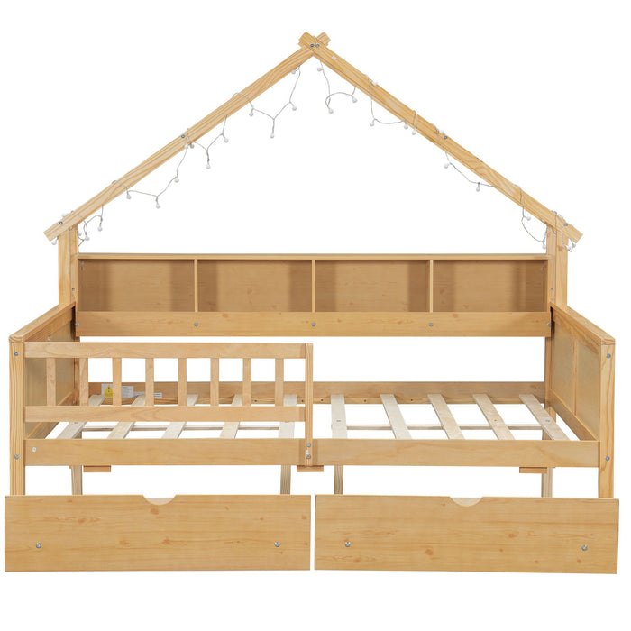 Giga house style platform storage bed with LED lights, built-in shelves, drawers, and guardrail in a modern bedroom setting.