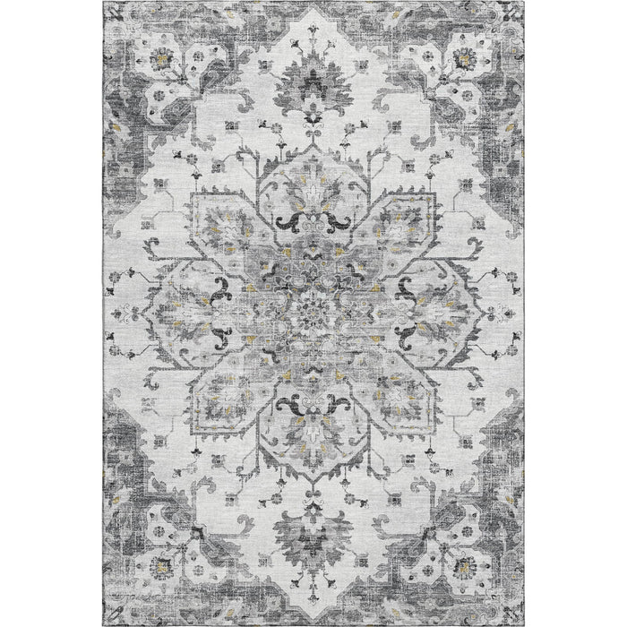 10' X 14' Floral Medallion Distressed Washable Area Rug With UV Protection (644532) - Light Gray / Ivory / Gold