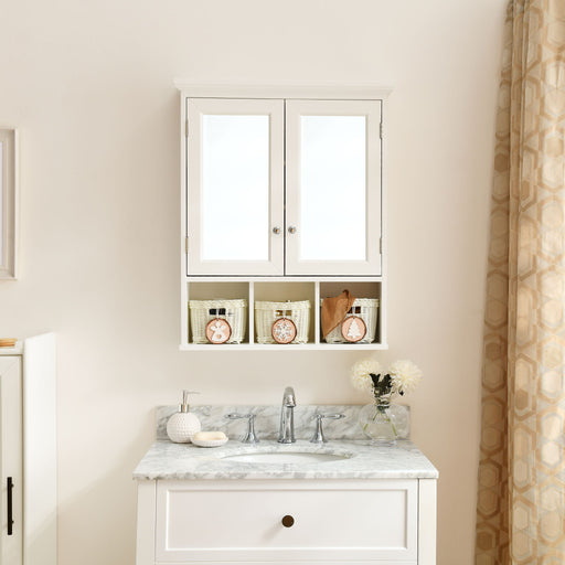 White Giga bathroom medicine cabinet with mirror, 2 doors, 2 adjustable shelves, and three festive Christmas-style storage baskets.