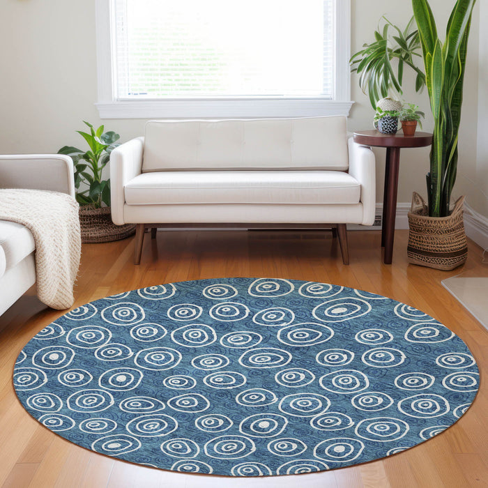 8' Polka Dot Washable Round Rug With UV Protection - Blue And Ivory
