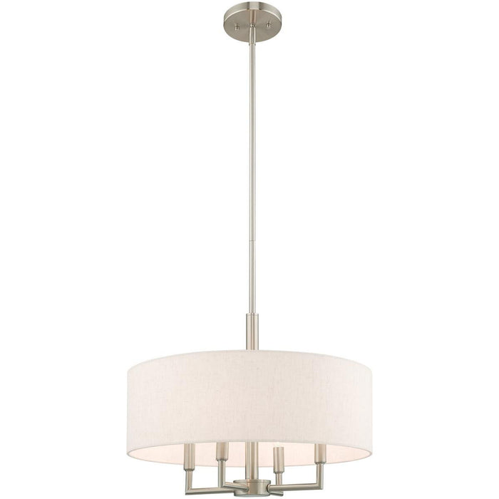 HomeRoots 23-inch metal chandelier with four shades, dimmable, in nickel finish with cream-colored shades, perfect for elegant lighting.