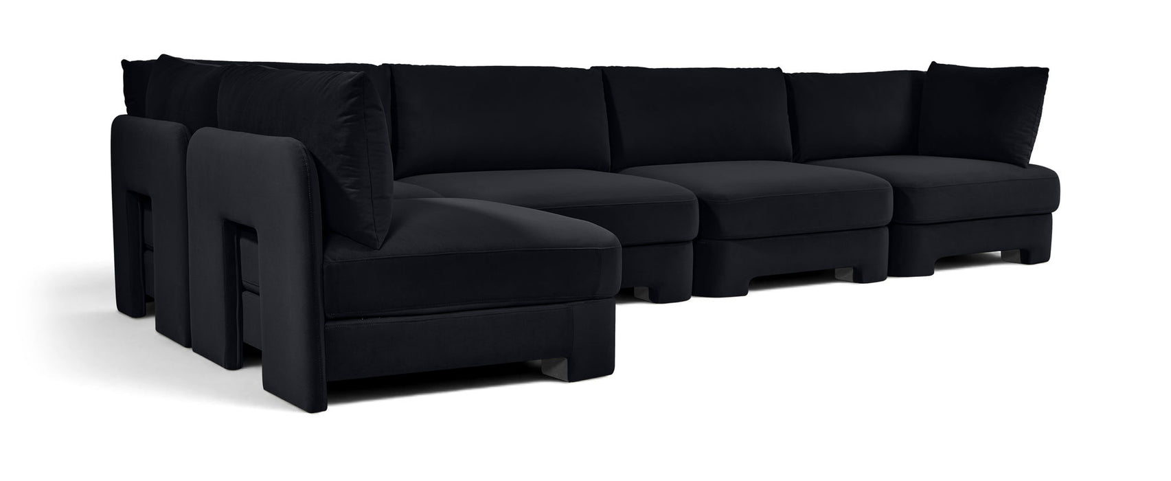 Meridian Furniture velvet performance fabric L-shaped sectional sofa with five stationary sections, modern and plush for living room.