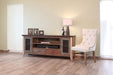 Distressed brown wood TV stand with enclosed storage, ideal for living rooms, by HomeRoots.