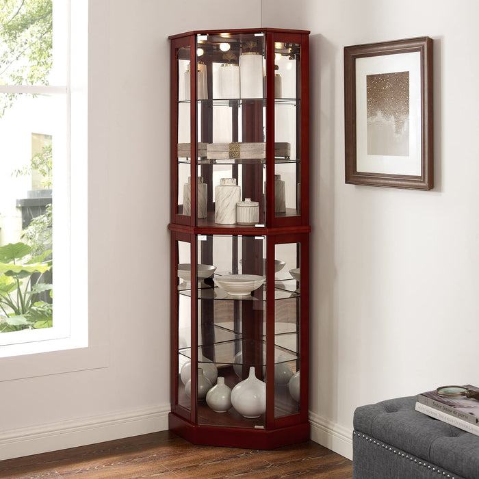 Giga 6-shelf corner curio display cabinet with built-in lights, mirrors, and adjustable shelves for showcasing collectibles.