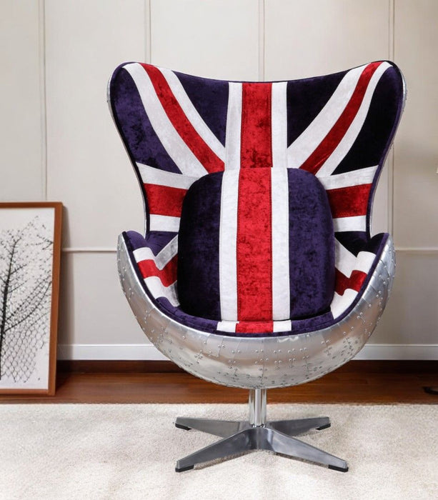 White And Blue And Silver Fabric Great Britain Flag Swivel Balloon Chair - Red